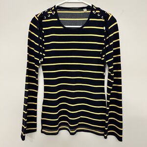 T Tahari Striped Blouse Shirt‎ Womens XS Black Yellow Lace up accents Pullover